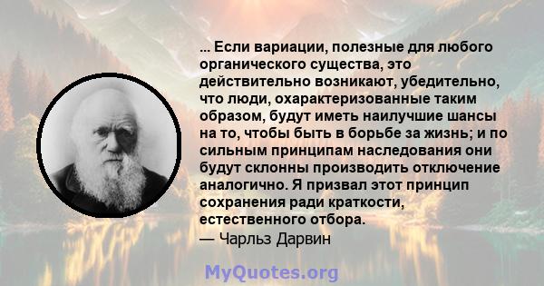 ... Если вариации, полезные для любого органического существа, это действительно возникают, убедительно, что люди, охарактеризованные таким образом, будут иметь наилучшие шансы на то, чтобы быть в борьбе за жизнь; и по