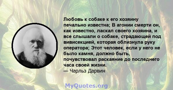 Любовь к собаке к его хозяину печально известна; В агонии смерти он, как известно, ласкал своего хозяина, и все слышали о собаке, страдающей под вивисекцией, которая облизнула руку оператора; Этот человек, если у него