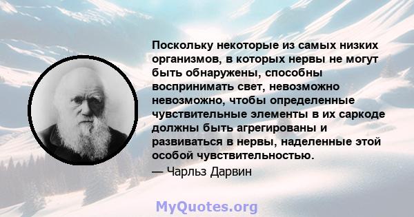 Поскольку некоторые из самых низких организмов, в которых нервы не могут быть обнаружены, способны воспринимать свет, невозможно невозможно, чтобы определенные чувствительные элементы в их саркоде должны быть