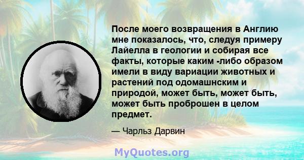 После моего возвращения в Англию мне показалось, что, следуя примеру Лайелла в геологии и собирая все факты, которые каким -либо образом имели в виду вариации животных и растений под одомашнским и природой, может быть,