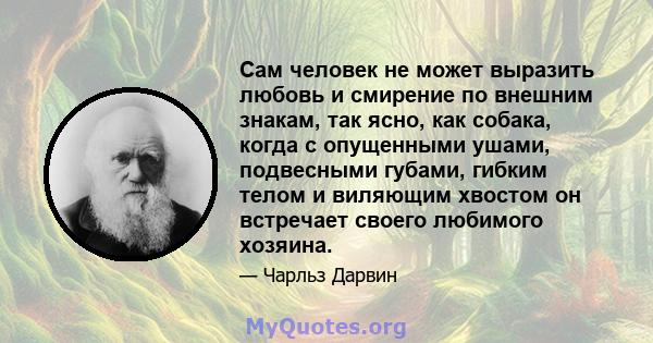 Сам человек не может выразить любовь и смирение по внешним знакам, так ясно, как собака, когда с опущенными ушами, подвесными губами, гибким телом и виляющим хвостом он встречает своего любимого хозяина.