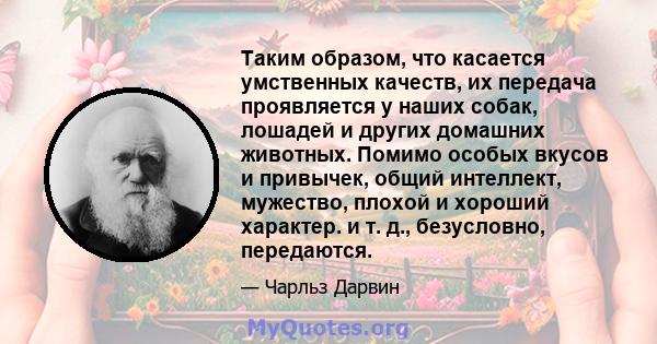 Таким образом, что касается умственных качеств, их передача проявляется у наших собак, лошадей и других домашних животных. Помимо особых вкусов и привычек, общий интеллект, мужество, плохой и хороший характер. и т. д.,