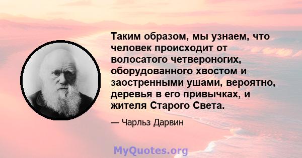 Таким образом, мы узнаем, что человек происходит от волосатого четвероногих, оборудованного хвостом и заостренными ушами, вероятно, деревья в его привычках, и жителя Старого Света.