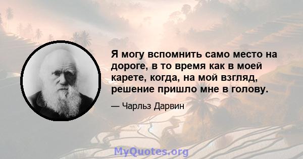 Я могу вспомнить само место на дороге, в то время как в моей карете, когда, на мой взгляд, решение пришло мне в голову.