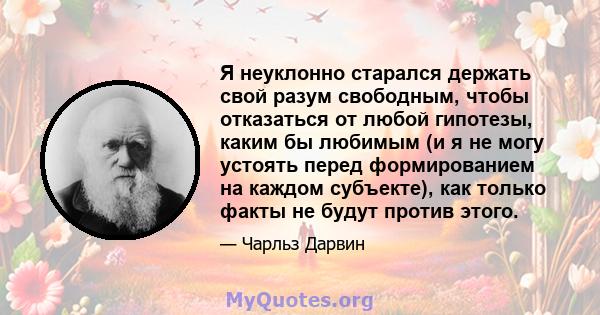 Я неуклонно старался держать свой разум свободным, чтобы отказаться от любой гипотезы, каким бы любимым (и я не могу устоять перед формированием на каждом субъекте), как только факты не будут против этого.