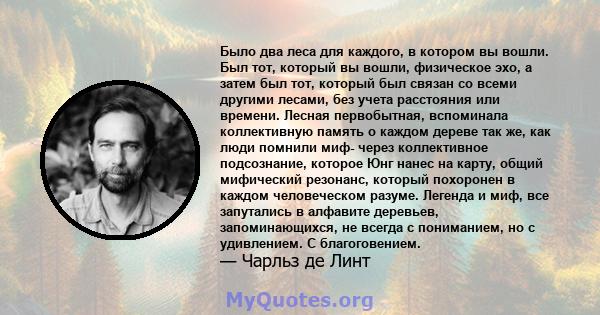 Было два леса для каждого, в котором вы вошли. Был тот, который вы вошли, физическое эхо, а затем был тот, который был связан со всеми другими лесами, без учета расстояния или времени. Лесная первобытная, вспоминала