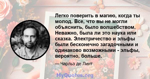 Легко поверить в магию, когда ты молод. Все, что вы не могли объяснить, было волшебством. Неважно, была ли это наука или сказка. Электричество и эльфы были бесконечно загадочными и одинаково возможными - эльфы,