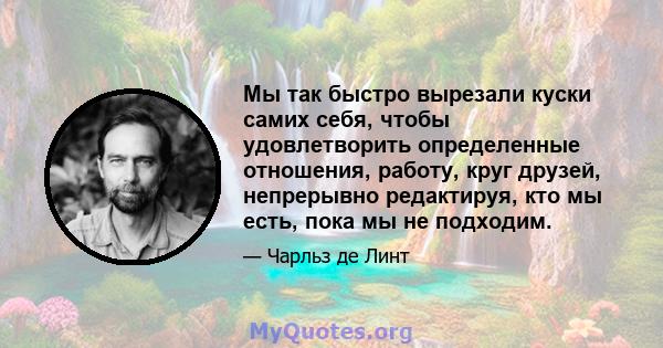 Мы так быстро вырезали куски самих себя, чтобы удовлетворить определенные отношения, работу, круг друзей, непрерывно редактируя, кто мы есть, пока мы не подходим.