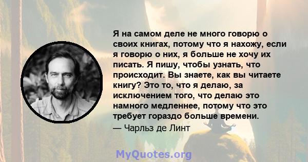 Я на самом деле не много говорю о своих книгах, потому что я нахожу, если я говорю о них, я больше не хочу их писать. Я пишу, чтобы узнать, что происходит. Вы знаете, как вы читаете книгу? Это то, что я делаю, за