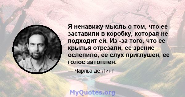 Я ненавижу мысль о том, что ее заставили в коробку, которая не подходит ей. Из -за того, что ее крылья отрезали, ее зрение ослепило, ее слух приглушен, ее голос затоплен.