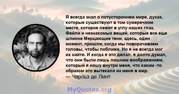 Я всегда знал о потустороннем мире, духах, которые существуют в том сумеречном месте, которое лежит в углу наших глаз, Фейли и незнакомых вещей, которые все еще шпионе Мерцающие тени, здесь, один момент, прошли, когда