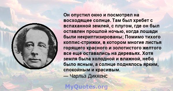 Он опустил окно и посмотрел на восходящее солнце. Там был хребет с вспаханной землей, с плугом, где он был оставлен прошлой ночью, когда лошади были некриптизированы; Помимо тихого коппис-стрижки, в котором многие