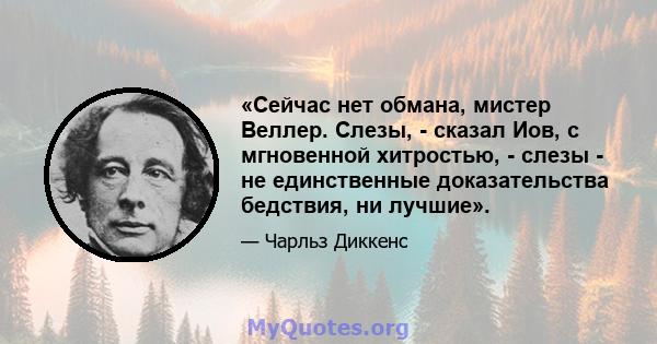 «Сейчас нет обмана, мистер Веллер. Слезы, - сказал Иов, с мгновенной хитростью, - слезы - не единственные доказательства бедствия, ни лучшие».