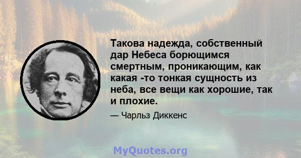 Такова надежда, собственный дар Небеса борющимся смертным, проникающим, как какая -то тонкая сущность из неба, все вещи как хорошие, так и плохие.