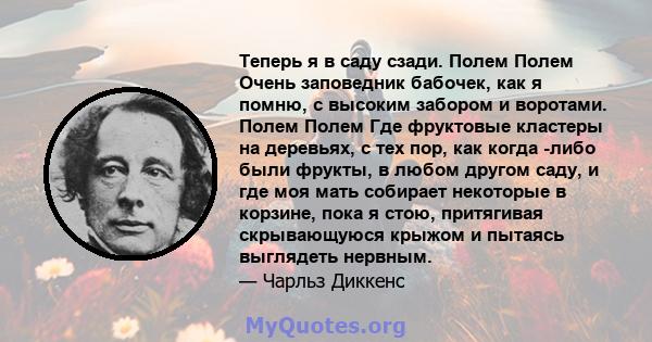 Теперь я в саду сзади. Полем Полем Очень заповедник бабочек, как я помню, с высоким забором и воротами. Полем Полем Где фруктовые кластеры на деревьях, с тех пор, как когда -либо были фрукты, в любом другом саду, и где