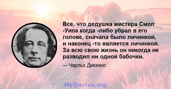 Все, что дедушка мистера Смол -Уипа когда -либо убрал в его голове, сначала было личинкой, и наконец -то является личинкой. За всю свою жизнь он никогда не разводил ни одной бабочки.