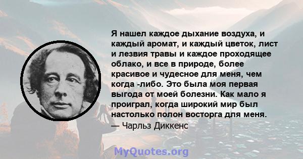 Я нашел каждое дыхание воздуха, и каждый аромат, и каждый цветок, лист и лезвия травы и каждое проходящее облако, и все в природе, более красивое и чудесное для меня, чем когда -либо. Это была моя первая выгода от моей