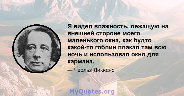 Я видел влажность, лежащую на внешней стороне моего маленького окна, как будто какой-то гоблин плакал там всю ночь и использовал окно для кармана.