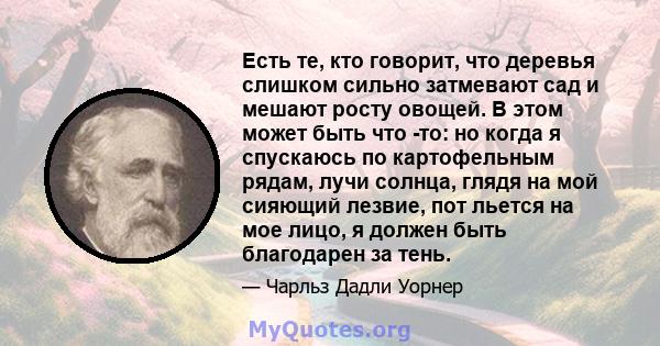 Есть те, кто говорит, что деревья слишком сильно затмевают сад и мешают росту овощей. В этом может быть что -то: но когда я спускаюсь по картофельным рядам, лучи солнца, глядя на мой сияющий лезвие, пот льется на мое