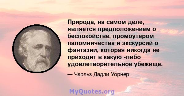 Природа, на самом деле, является предположением о беспокойстве, промоутером паломничества и экскурсий о фантазии, которая никогда не приходит в какую -либо удовлетворительное убежище.