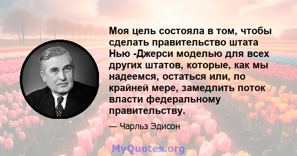 Моя цель состояла в том, чтобы сделать правительство штата Нью -Джерси моделью для всех других штатов, которые, как мы надеемся, остаться или, по крайней мере, замедлить поток власти федеральному правительству.