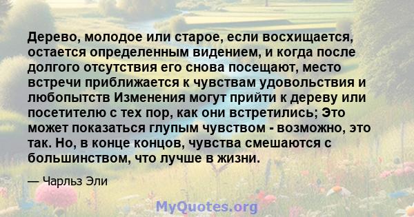 Дерево, молодое или старое, если восхищается, остается определенным видением, и когда после долгого отсутствия его снова посещают, место встречи приближается к чувствам удовольствия и любопытств Изменения могут прийти к 