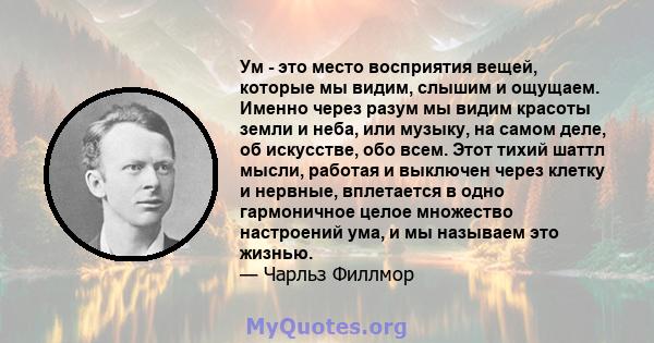 Ум - это место восприятия вещей, которые мы видим, слышим и ощущаем. Именно через разум мы видим красоты земли и неба, или музыку, на самом деле, об искусстве, обо всем. Этот тихий шаттл мысли, работая и выключен через