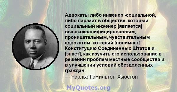 Адвокаты либо инженер -социальной, либо паразит в обществе, который социальный инженер [является] высококвалифицированным, проницательным, чувствительным адвокатом, который [понимает] Конституцию Соединенных Штатов и