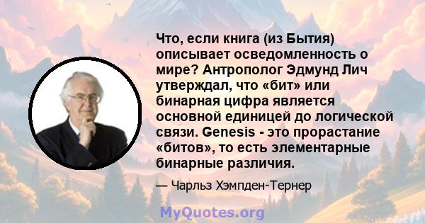 Что, если книга (из Бытия) описывает осведомленность о мире? Антрополог Эдмунд Лич утверждал, что «бит» или бинарная цифра является основной единицей до логической связи. Genesis - это прорастание «битов», то есть