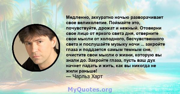 Медленно, аккуратно ночью разворачивает свое великолепие. Поймайте это, почувствуйте, дрожат и нежный. Отоверни свое лицо от яркого света дня, отверните свои мысли от холодного, бесчувственного света и послушайте музыку 