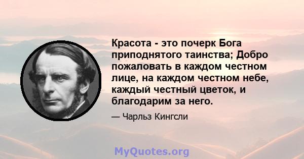 Красота - это почерк Бога приподнятого таинства; Добро пожаловать в каждом честном лице, на каждом честном небе, каждый честный цветок, и благодарим за него.