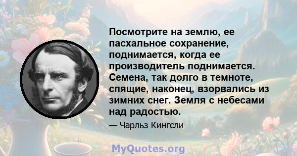 Посмотрите на землю, ее пасхальное сохранение, поднимается, когда ее производитель поднимается. Семена, так долго в темноте, спящие, наконец, взорвались из зимних снег. Земля с небесами над радостью.