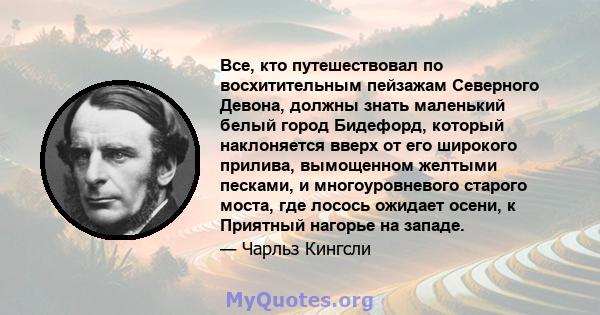 Все, кто путешествовал по восхитительным пейзажам Северного Девона, должны знать маленький белый город Бидефорд, который наклоняется вверх от его широкого прилива, вымощенном желтыми песками, и многоуровневого старого