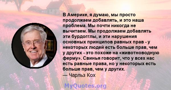 В Америке, я думаю, мы просто продолжаем добавлять, и это наша проблема. Мы почти никогда не вычитаем. Мы продолжаем добавлять эти бурдогглы, и эти нарушения основных принципов равных прав - у некоторых людей есть