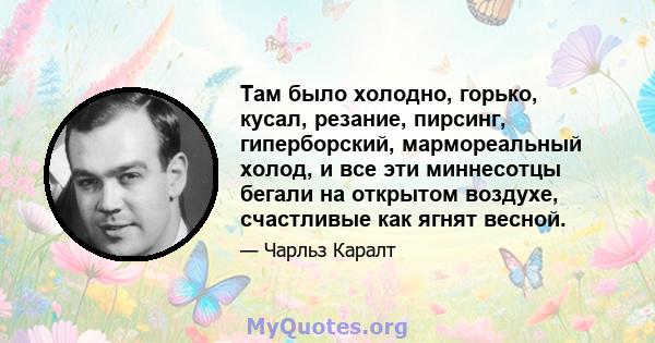 Там было холодно, горько, кусал, резание, пирсинг, гиперборский, мармореальный холод, и все эти миннесотцы бегали на открытом воздухе, счастливые как ягнят весной.