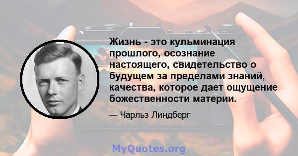 Жизнь - это кульминация прошлого, осознание настоящего, свидетельство о будущем за пределами знаний, качества, которое дает ощущение божественности материи.