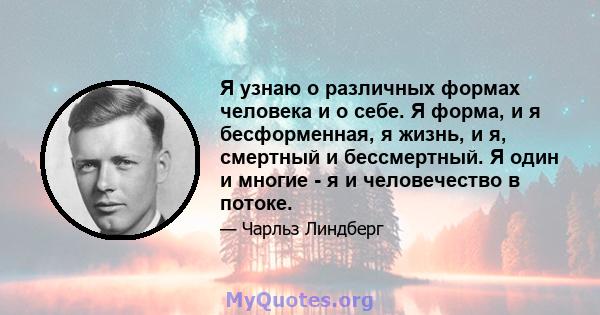 Я узнаю о различных формах человека и о себе. Я форма, и я бесформенная, я жизнь, и я, смертный и бессмертный. Я один и многие - я и человечество в потоке.