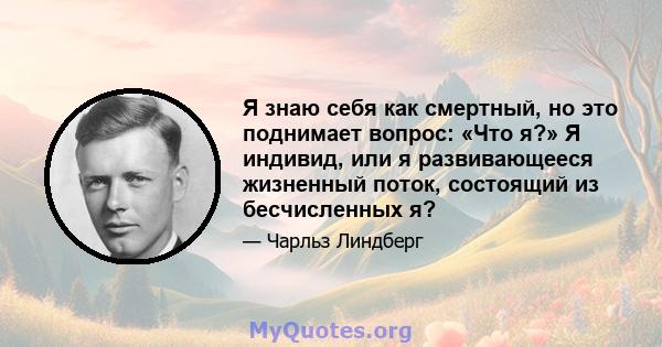 Я знаю себя как смертный, но это поднимает вопрос: «Что я?» Я индивид, или я развивающееся жизненный поток, состоящий из бесчисленных я?