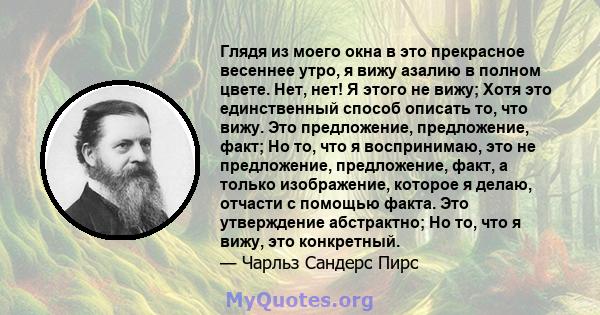 Глядя из моего окна в это прекрасное весеннее утро, я вижу азалию в полном цвете. Нет, нет! Я этого не вижу; Хотя это единственный способ описать то, что вижу. Это предложение, предложение, факт; Но то, что я