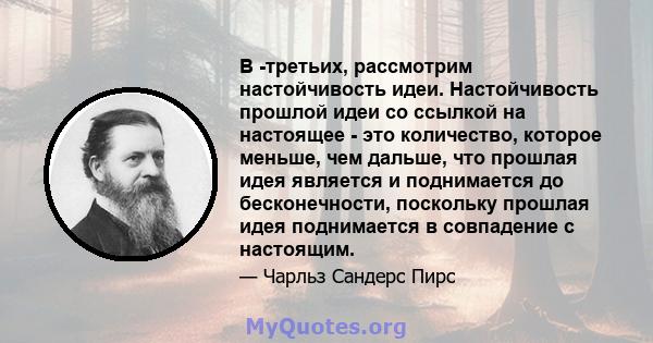 В -третьих, рассмотрим настойчивость идеи. Настойчивость прошлой идеи со ссылкой на настоящее - это количество, которое меньше, чем дальше, что прошлая идея является и поднимается до бесконечности, поскольку прошлая