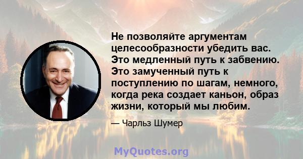 Не позволяйте аргументам целесообразности убедить вас. Это медленный путь к забвению. Это замученный путь к поступлению по шагам, немного, когда река создает каньон, образ жизни, который мы любим.