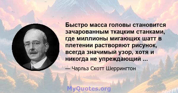 Быстро масса головы становится зачарованным ткацким станками, где миллионы мигающих шатт в плетении растворяют рисунок, всегда значимый узор, хотя и никогда не упреждающий ...