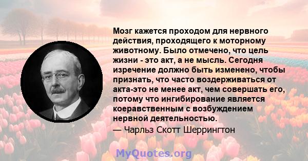 Мозг кажется проходом для нервного действия, проходящего к моторному животному. Было отмечено, что цель жизни - это акт, а не мысль. Сегодня изречение должно быть изменено, чтобы признать, что часто воздерживаться от