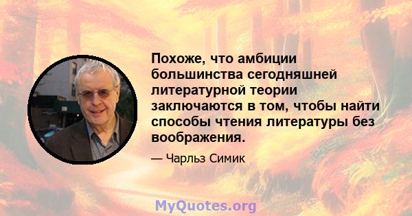 Похоже, что амбиции большинства сегодняшней литературной теории заключаются в том, чтобы найти способы чтения литературы без воображения.