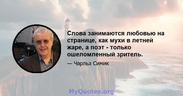 Слова занимаются любовью на странице, как мухи в летней жаре, а поэт - только ошеломленный зритель.