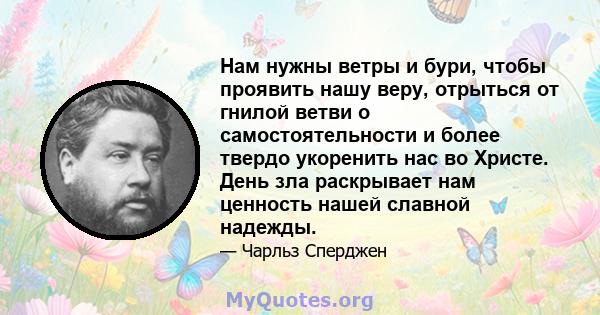 Нам нужны ветры и бури, чтобы проявить нашу веру, отрыться от гнилой ветви о самостоятельности и более твердо укоренить нас во Христе. День зла раскрывает нам ценность нашей славной надежды.