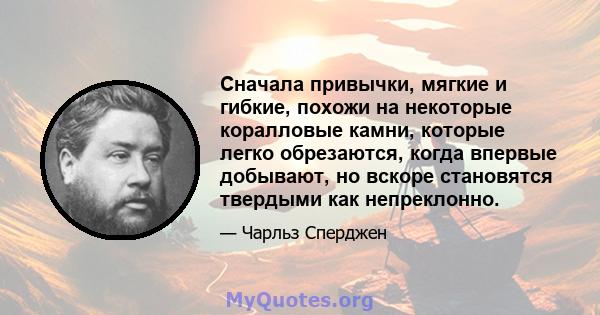 Сначала привычки, мягкие и гибкие, похожи на некоторые коралловые камни, которые легко обрезаются, когда впервые добывают, но вскоре становятся твердыми как непреклонно.