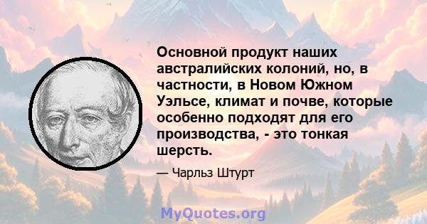 Основной продукт наших австралийских колоний, но, в частности, в Новом Южном Уэльсе, климат и почве, которые особенно подходят для его производства, - это тонкая шерсть.