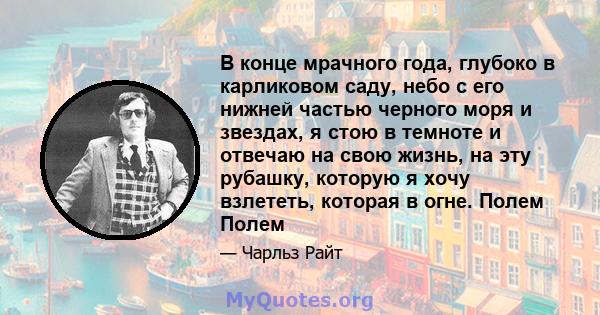 В конце мрачного года, глубоко в карликовом саду, небо с его нижней частью черного моря и звездах, я стою в темноте и отвечаю на свою жизнь, на эту рубашку, которую я хочу взлететь, которая в огне. Полем Полем