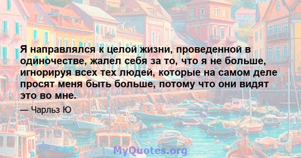 Я направлялся к целой жизни, проведенной в одиночестве, жалел себя за то, что я не больше, игнорируя всех тех людей, которые на самом деле просят меня быть больше, потому что они видят это во мне.